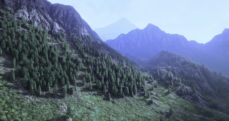 A breathtaking view showcases a towering mountain range enveloped in mist, with vibrant green forests covering the lower slopes. Natures beauty shines in this peaceful setting.