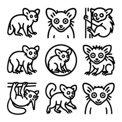 Obraz premium Stylized Lemur Icon Set Playful Black Outline Illustrations on Transparent Background.