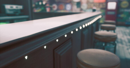 Soft lights highlight the wooden countertop of a vintage bar, inviting customers to unwind. Plush stools are arranged neatly, adorned with a warm, welcoming ambiance that enhances the nostalgic charm.