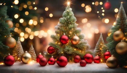 Obraz premium This Image Features A Festive Christmas Theme In The Foreground A Christmas Tree Is Adorned With Red And Gold Baubles Along With Golden Lights That Create A Warm Cozy Feeling