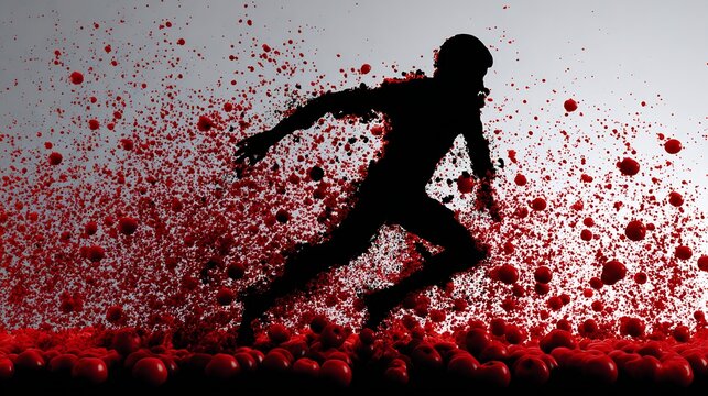 Silhouette of a runner exploding into red particles against a light background - Powered by Adobe