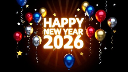 Happy New Year 2026 celebration with colorful balloons and confetti