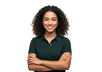 Smiling young woman with curly hair arms crossed isolated on transparent background