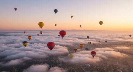 Naklejka premium colorful hot air balloons floating peacefully in the clear blue sky