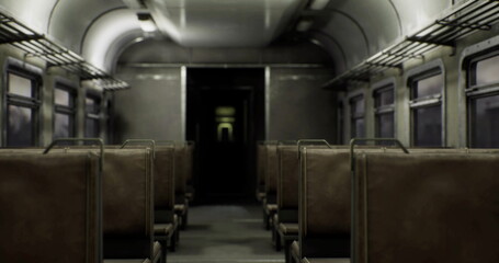 Fototapeta premium The interior of an old, deserted train features empty seats lined along the aisle, dim lighting creates an eerie atmosphere. Dust and neglect are evident in this abandoned transportation space.