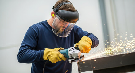 Skilled male worker in protective gear is using an angle grinder to cut metal, creating sparks in a workshop environment, showcasing craftsmanship and safety measures