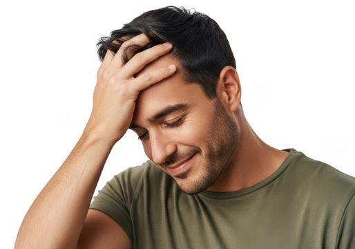 Man with hand on forehead smiling isolated on transparent background