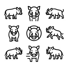 Stylized Wild Boar Icon Set Diverse Poses and Circular Emblem.