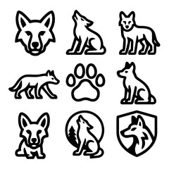 Stylized Wolf Illustrations in Various Poses Outlines and Symbolic Representations.