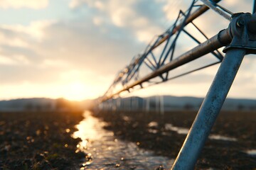 Sunset Over Agricultural Fields With Irrigation System in View
