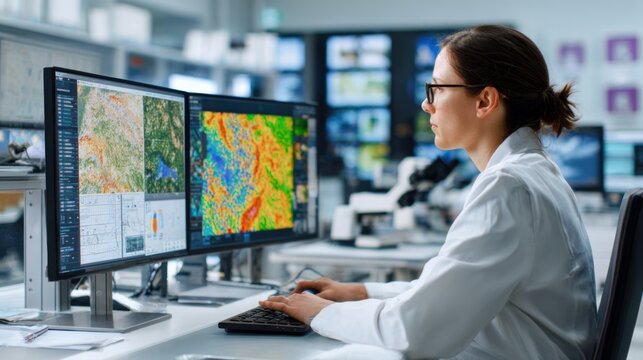 Side view of a geospatial analyst analyzing satellite maps and geographic data sequences in a modern lab environment preparing visual reports for environmental assessments.