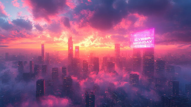 Futuristic city skyline at sunrise with glowing neon Cyber Monday sign on skyscraper, clouds fill horizon, cyber monday deals theme, digital shopping and modern commerce scene