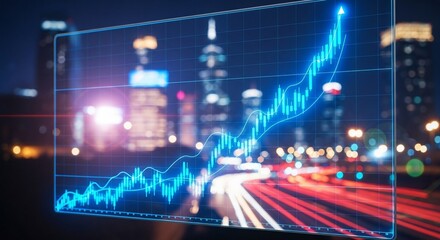 Glowing Blue Stock Market Chart Overlayed on Blurry Cityscape at Night.