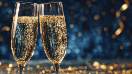 Two elegant champagne glasses filled with sparkling golden bubbles clinking together against a festive dark blue background with glowing bokeh lights, symbolizing celebration, and New Year’s Eve