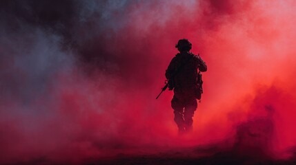 Soldier silhouette in red smoke