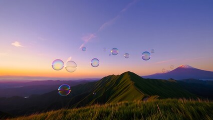 Majestic mountain range with beautiful bubbles floating in the air panorama