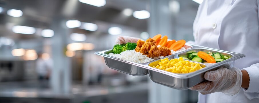 Food service worker serving nutritious meals in school cafeteria educational environment culinary content community viewpoint