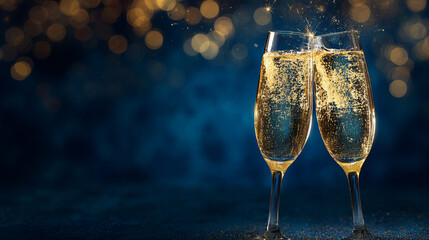 Two elegant champagne glasses filled with sparkling golden bubbles clinking together against a festive dark blue background with glowing bokeh lights, symbolizing celebration, and New Year’s Eve