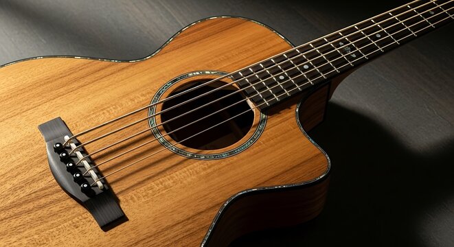 Close up of a wooden acoustic bass guitar body.