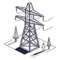 Isometric illustration of a tall metal electricity pylon with power lines and a small figure standing nearby