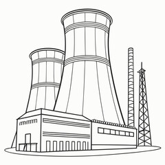 Outline illustration of a power plant with two large cooling towers and a smokestack against a white background