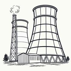 Stylized illustration of industrial cooling towers emitting steam against a plain background with trees and a small building