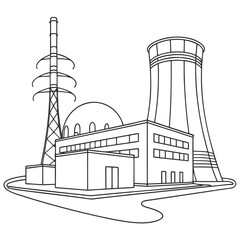 Stylized line drawing illustration of a nuclear power plant with cooling tower and transmission tower
