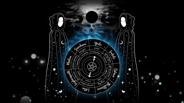 Video Animation of Mystical wheel of the Year is an annual cycle of seasonal festivals. Wiccan calendar and holidays. Gothic Witch wiccan priestesses sacred design