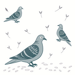 Three stylized grey pigeons standing and perched amidst scattered seeds and small leaves on a white background