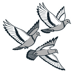 Three stylized grey doves with dark outlines flying gracefully in a white background