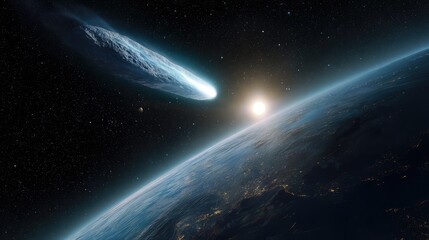 Obraz premium A comet and asteroid field approaching planet Earth, viewed from space. A cinematic, sci-fi concept of an impact event, apocalypse, extinction,