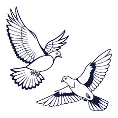 Two elegant white doves with dark blue outlines gracefully flying in the air with wings spread wide