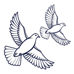 Two elegant white doves with spread wings soaring gracefully across a clean white background