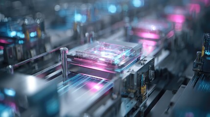 A futuristic, automated assembly line with robotic arms manufacturing glowing processors or microchips in a smart factory. A concept for Industry 4.0, AI, and advanced technology.