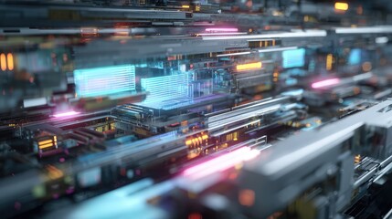 A futuristic, automated assembly line with robotic arms manufacturing glowing processors or microchips in a smart factory. A concept for Industry 4.0, AI, and advanced technology.