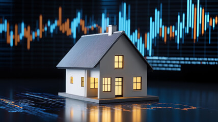 Miniature house, glowing window, financial chart, investment, real estate, modern, night