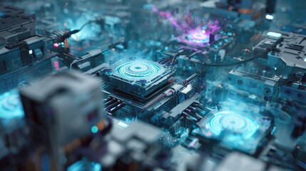 A futuristic, automated assembly line with robotic arms manufacturing glowing processors or microchips in a smart factory. A concept for Industry 4.0, AI, and advanced technology.