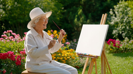 Elderly woman painting canvas garden hat happy outdoor summer happy elderly woman painting