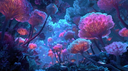 A fantasy landscape of glowing bioluminescent mushrooms in an enchanted forest at night. A whimsical and magical scene with vibrant neon colors, like an alien jungle.