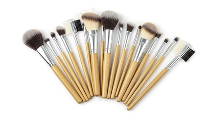 An arrangement of makeup brushes with wooden handles and silver ferrules fanned out on a white background