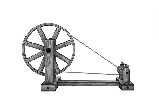 Monochrome vector illustration of traditional Charkha spinning wheel isolated on white