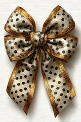 An elegant illustration of a decorative golden-brown ribbon bow with a white polka dot pattern. A classic and ornate design element for gift wrapping, Christmas,