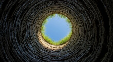 Obraz premium Stone Well View to Sky – Cylindrical Depth and Nature Contrast