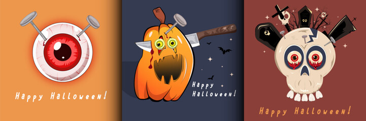  Happy Halloween square greeting text card, cover, poster, vector design. Collection Set pumpkin jack o lantern, skull with grave template colorful background.