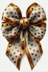 An elegant illustration of a decorative golden-brown ribbon bow with a white polka dot pattern. A classic and ornate design element for gift wrapping, Christmas,