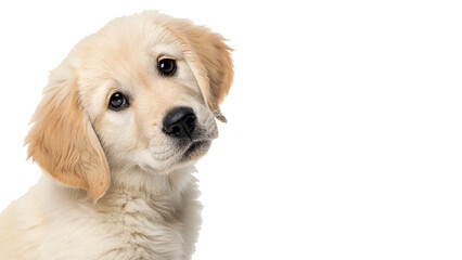 Cute golden retriever puppy looking curiously at the camera in a bright setting indoors On a...