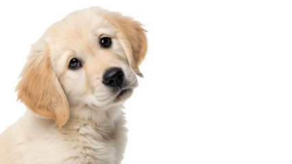 Cute golden retriever puppy looking curiously at the camera in a bright setting indoors On a transparent background