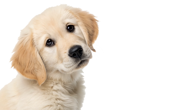 Cute golden retriever puppy looking curiously at the camera in a bright setting indoors On a transparent background