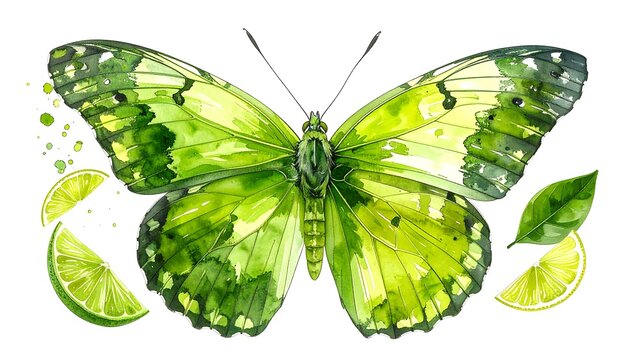 Watercolor lime green butterfly and limes - Powered by Adobe