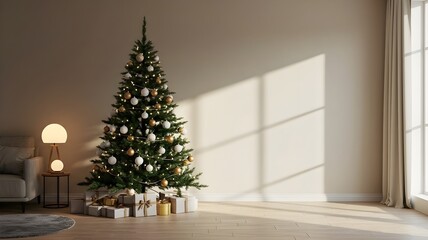 Festive Modern Christmas Tree with Gifts and Copy Space
